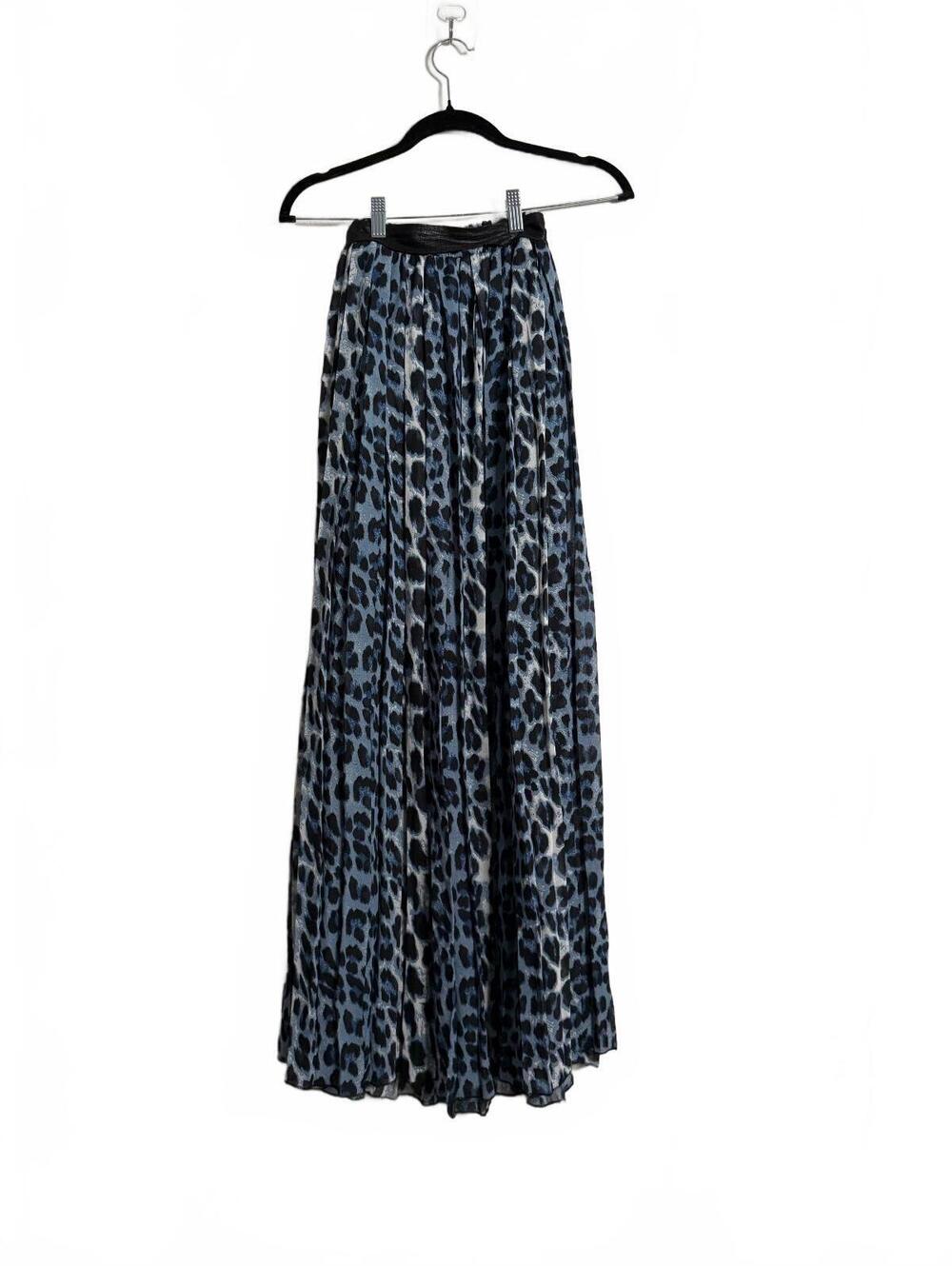 Blue and Black Leopard Print Pleated Maxi Skirt with Faux Leather Wa